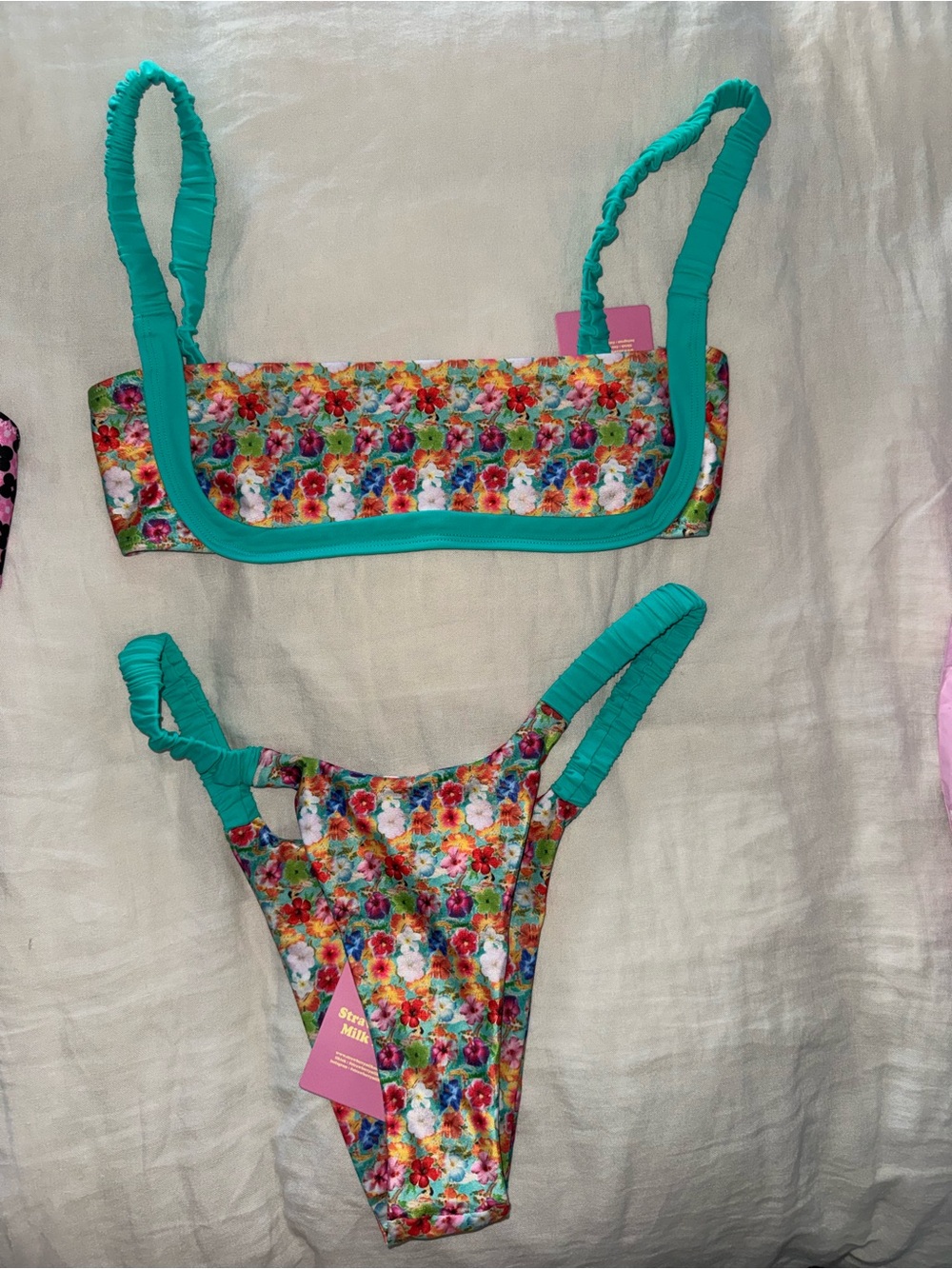Strawberry Milk Mob Teal-Trim Floral Bikini Set